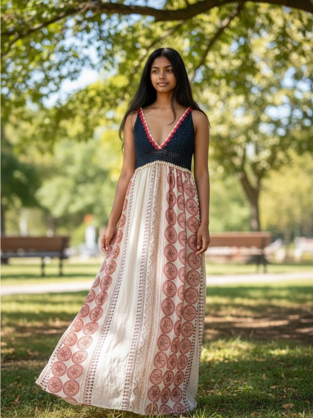 Honey Punch Navy Crochet Bodice Maxi Dress with Cream and Rust Pattern